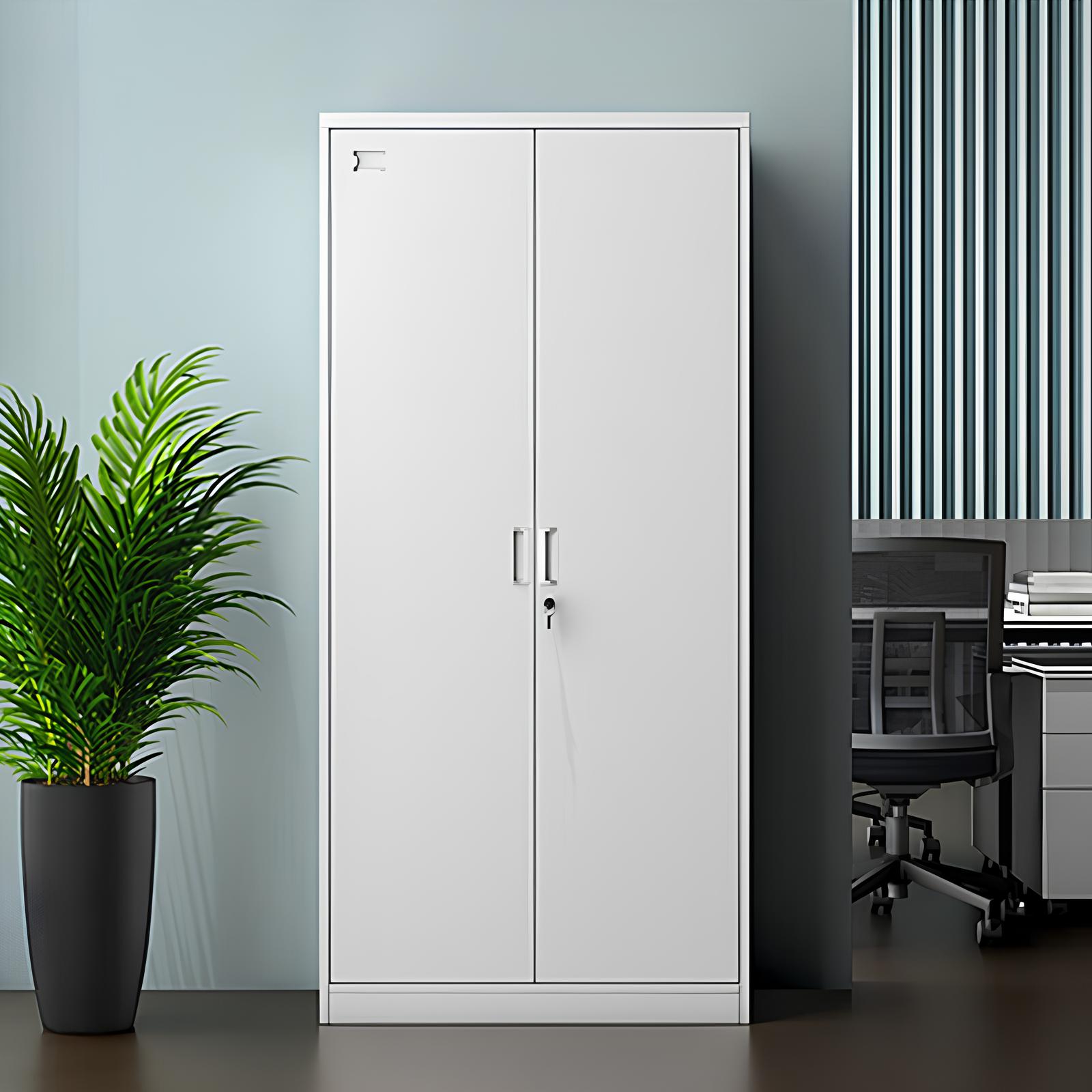 "2-Door Metallic Office Cabinet with sleek steel design, offering secure and organized storage for office files and supplies."