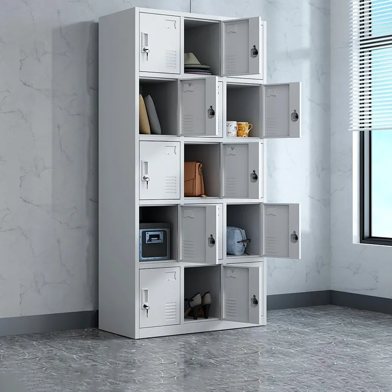 "15-locker stainless steel office cabinet with individual compartments for secure storage."