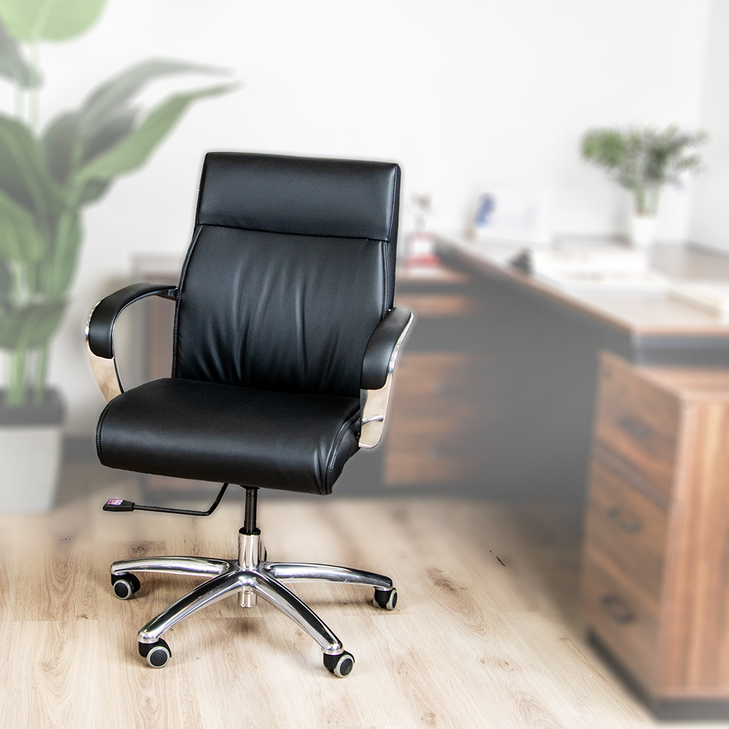 "Black PU Leather Guest Chair with padded seat and sled-base frame, perfect for offices and reception areas."