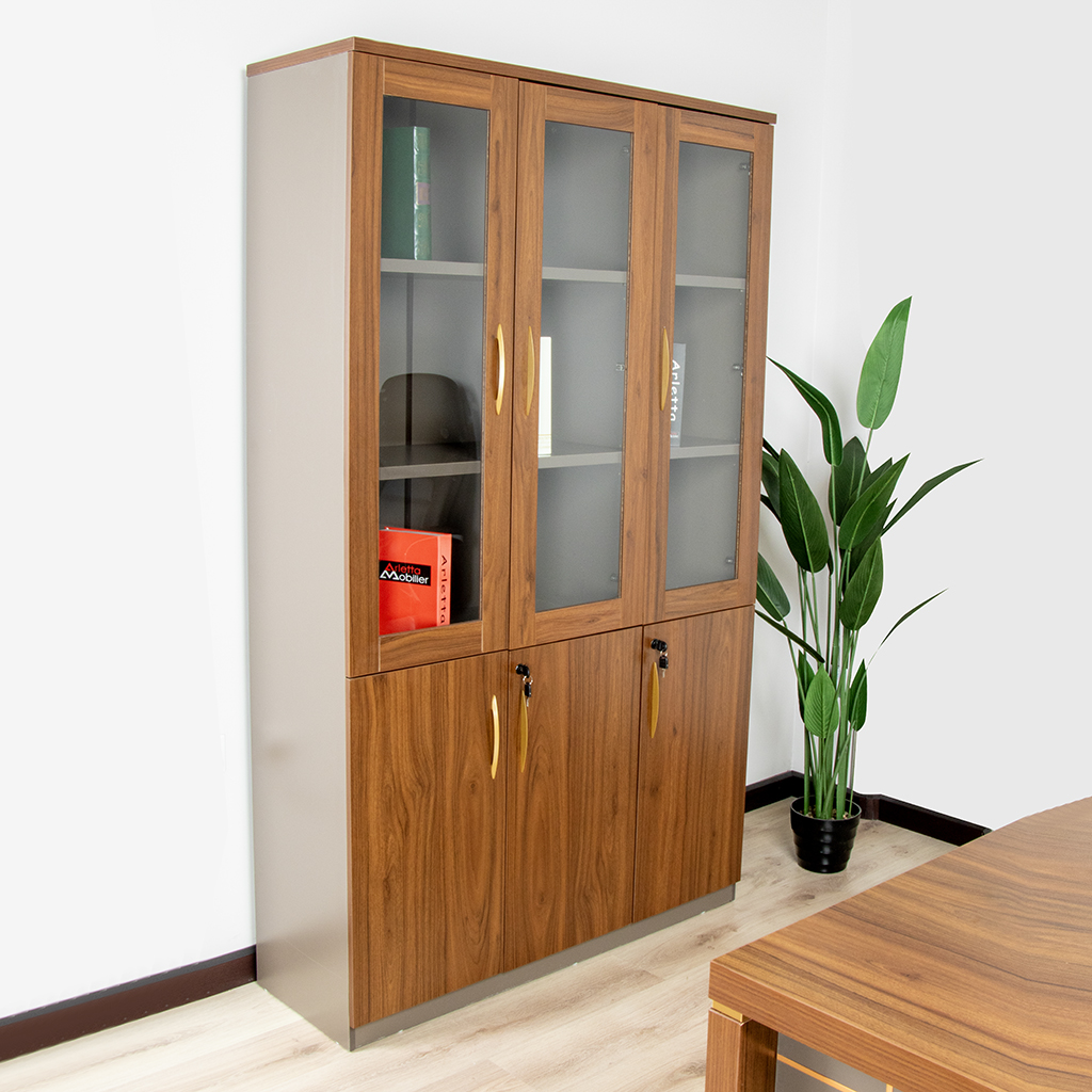 3-Door Wooden Office Cabinet with adjustable shelves and lockable compartments, designed for efficient office organization and elegant storage.