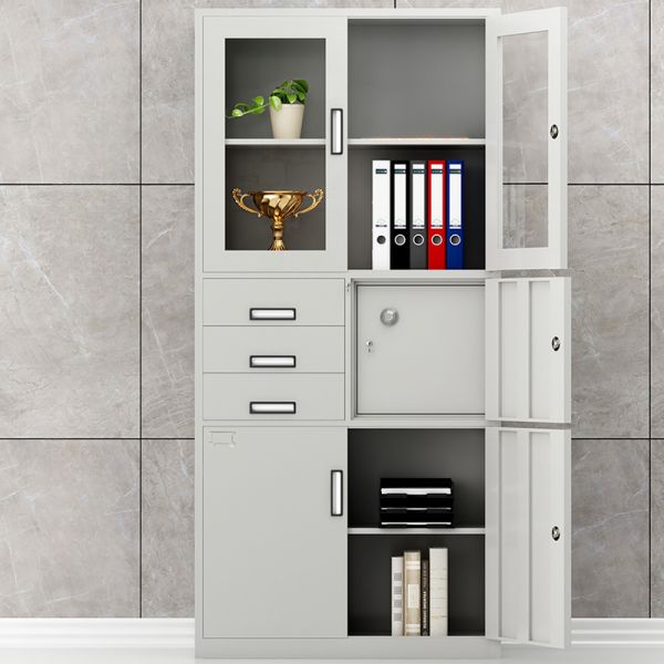 "Metallic office cabinet with secure safe for document and valuables storage."