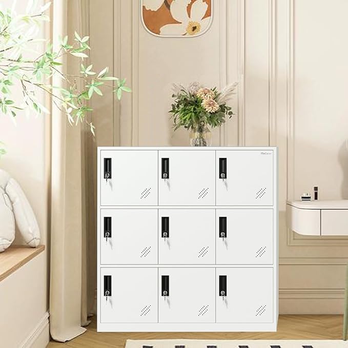 9-Locker Metal Storage Cabinet with lockable doors and ventilated sides, providing secure and organized storage for personal items and equipment