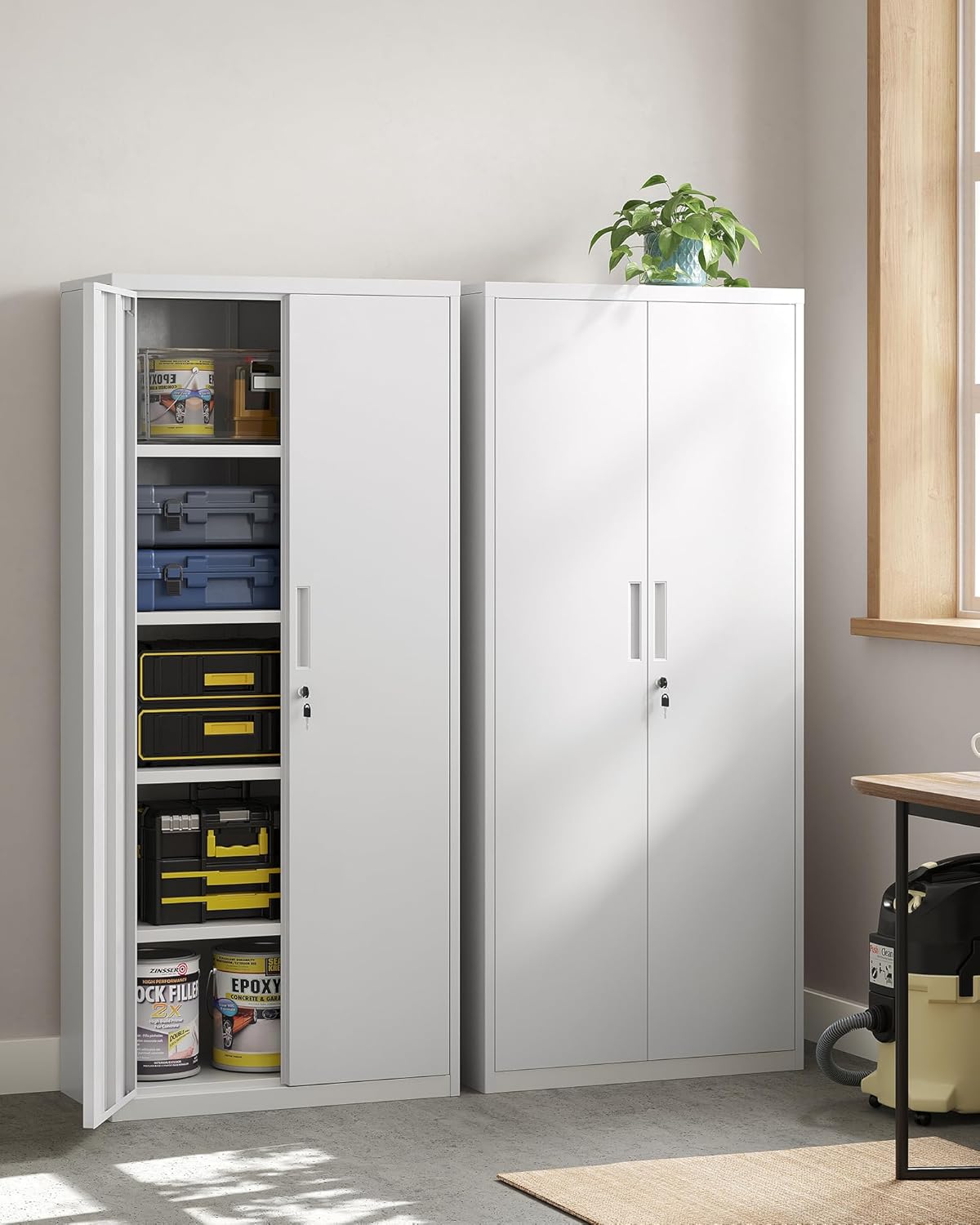 "Metallic filing cabinet with 2 doors, featuring a durable steel design, adjustable shelves, and a secure locking mechanism for organized office storage."