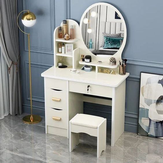 "Elegant dressing makeup table set with mirror and storage drawers"