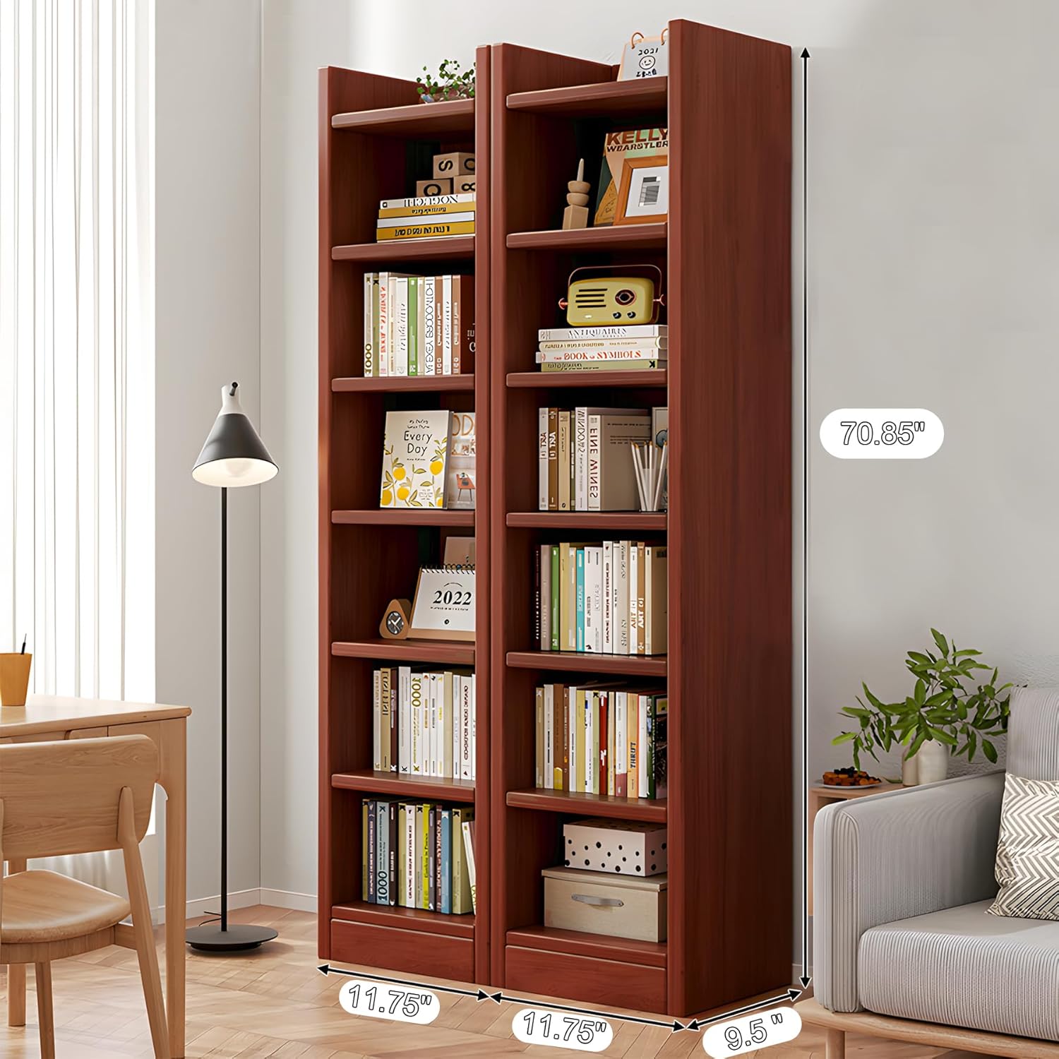 "6-Tier Case Office Bookshelf with a sleek metal frame and engineered wood shelves, designed for organizing books and office supplies."