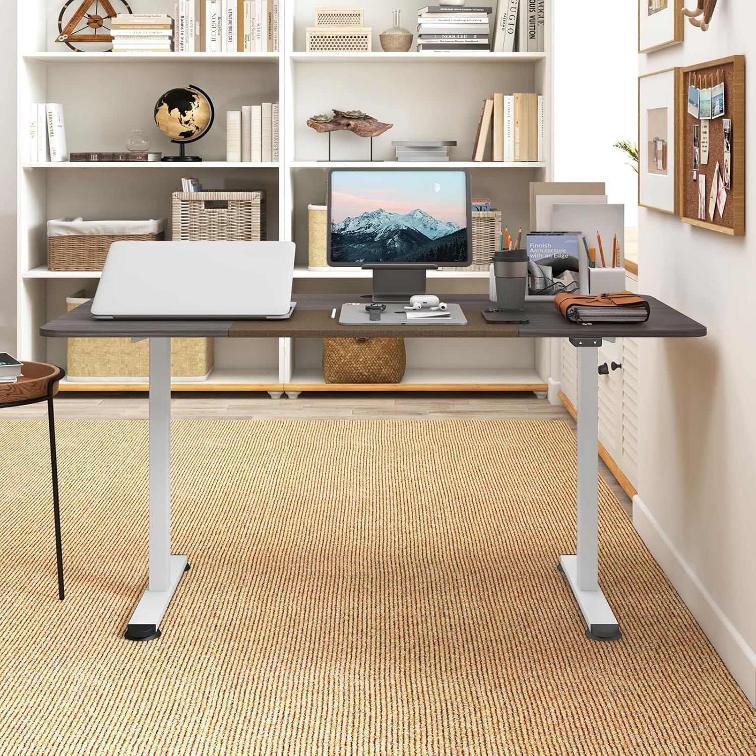 A height adjustable electric desk with a sleek, modern design, featuring an electric lift system for seamless transitions between sitting and standing positions.