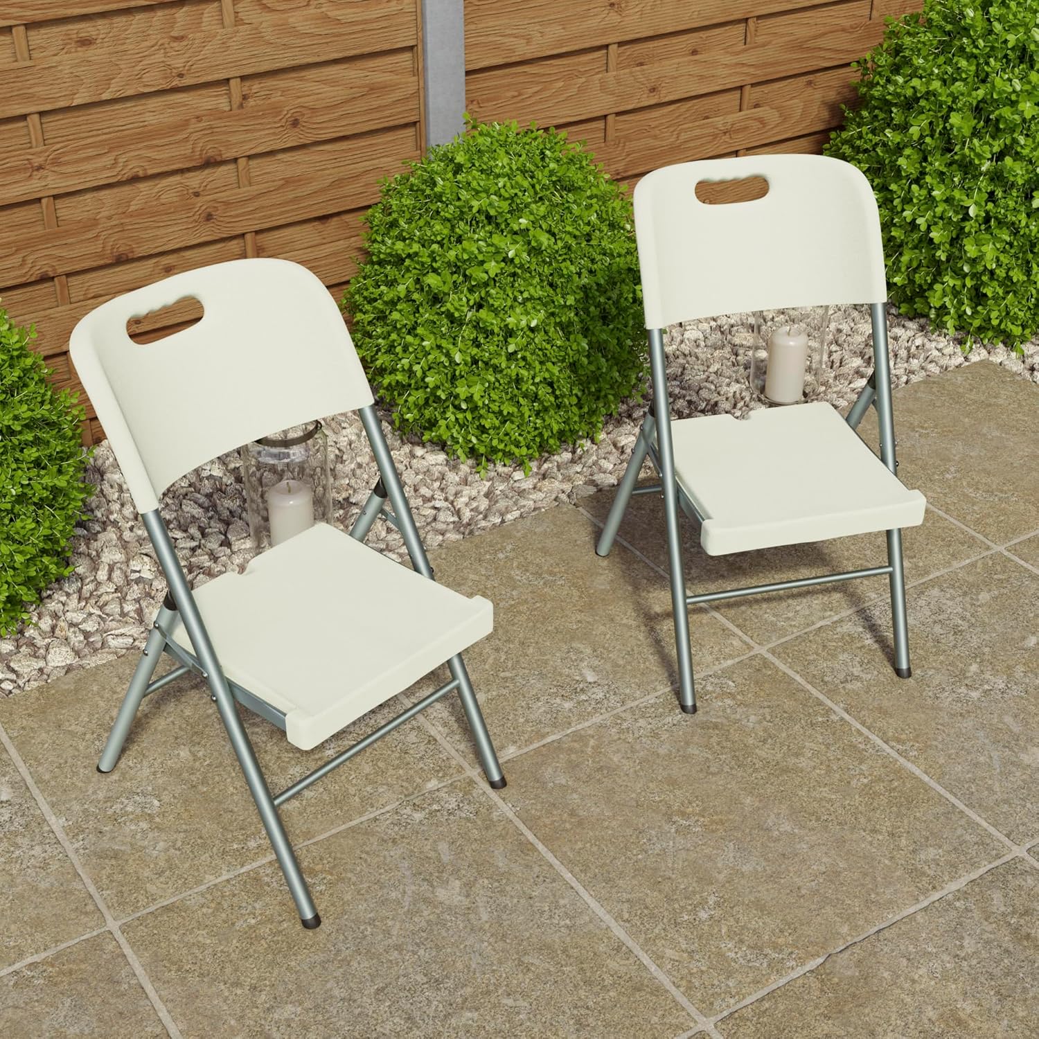 A foldable, stackable patio chair with a sleek and compact design, ideal for outdoor use.