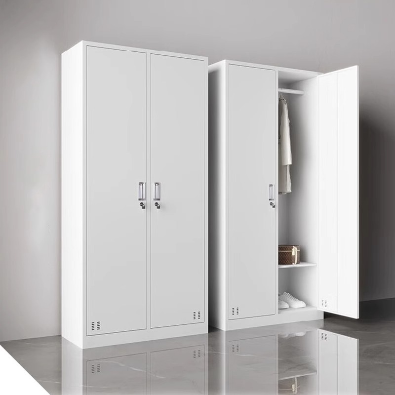 Rigid steel filing cupboard with lockable doors and adjustable shelves for secure office storage."