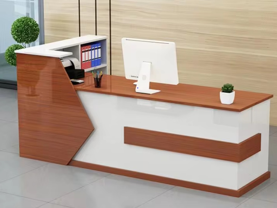 L-Shaped Office Reception Desk featuring a sleek modern design with ample workspace and storage.