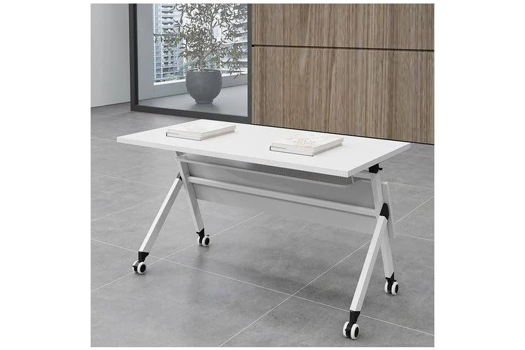 Modern movable foldable conference table with a sleek design, featuring lockable wheels for easy mobility and storage.