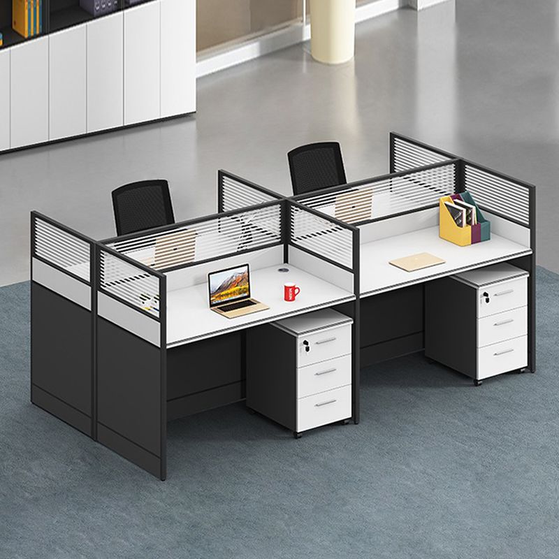 : 4-Way Modular Office Workstation with adjustable desks, partitions, and built-in storage for team collaboration