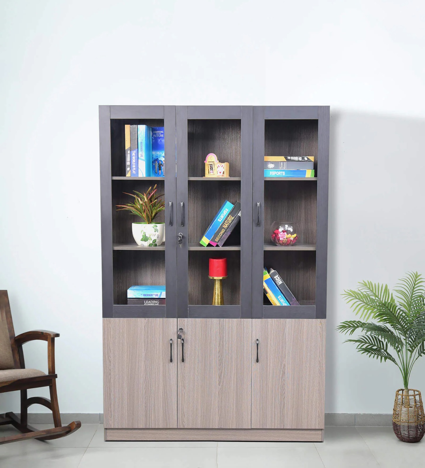 "Elegant wooden 3-door cabinet designed for organizing office or home essentials."