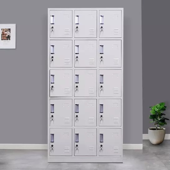 15-Locker Steel Storage Cabinet with individual lockable compartments, durable powder-coated finish, and ventilation slots for personal storage in schools, gyms, and offices.