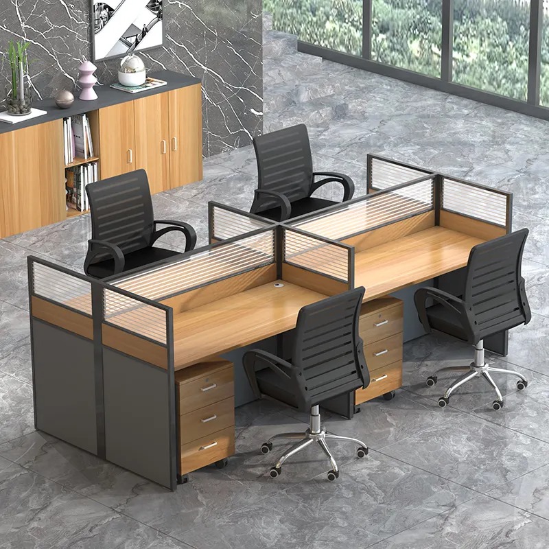 "4-Way Simplified Modern Workstation Desk with four individual workspaces, privacy panels, and integrated cable management."