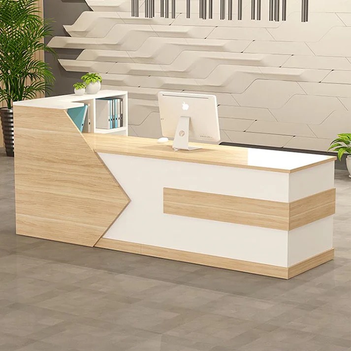 "L-Shaped Front Reception Desk with spacious work surface, built-in storage, and modern design.