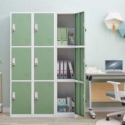 "9-Locker Office Storage Cabinet with lockable compartments for secure workplace storage."