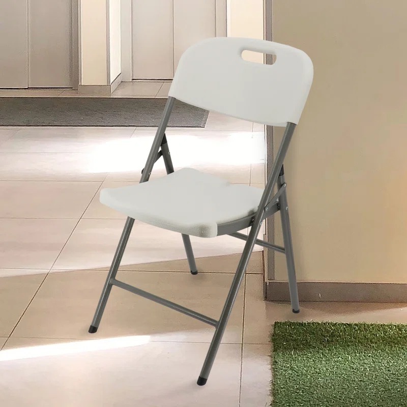 "Foldable white office study chair with ergonomic design for comfortable seating and easy storage."