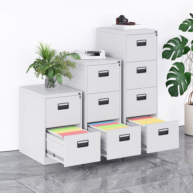 A sleek 4-drawer office filing cabinet with a modern design, perfect for organizing documents and files in professional or home office settings.