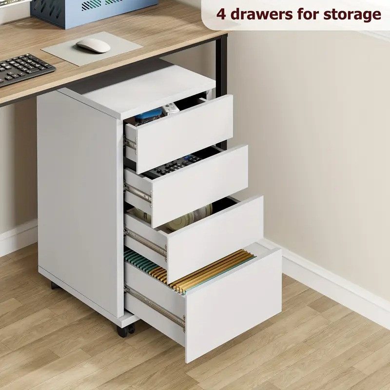 "Office storage solutions featuring a modern desk with organized shelves and cabinets for a tidy workspace."