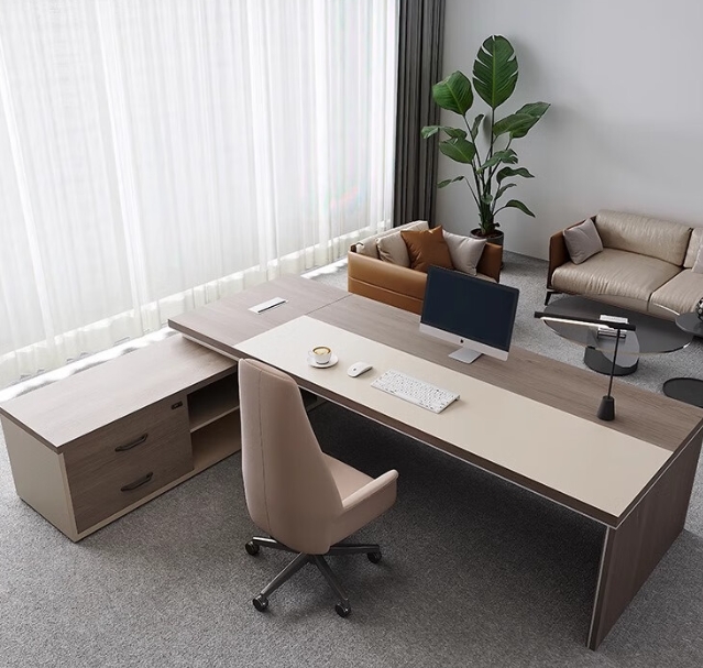 "1.8-meter executive office desk with a spacious surface, modern design, and built-in storage for a professional workspace."