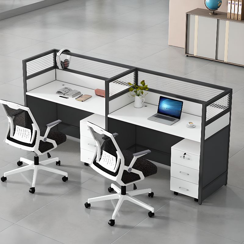 2-Way Modular Workstation with customizable layout, dual desk configuration, and integrated storage for collaborative workspaces.