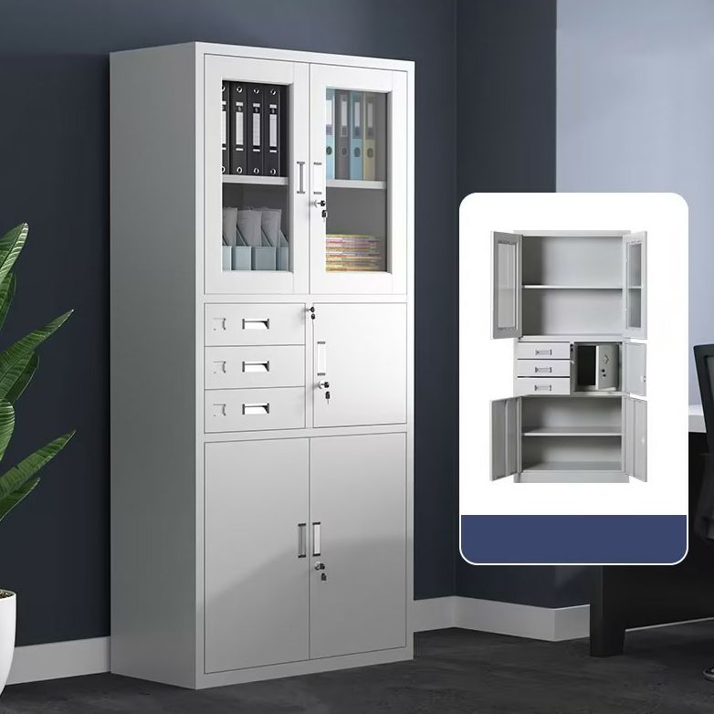 White Steel Modern Filing Cabinet with multiple drawers and a locking mechanism for secure storage.