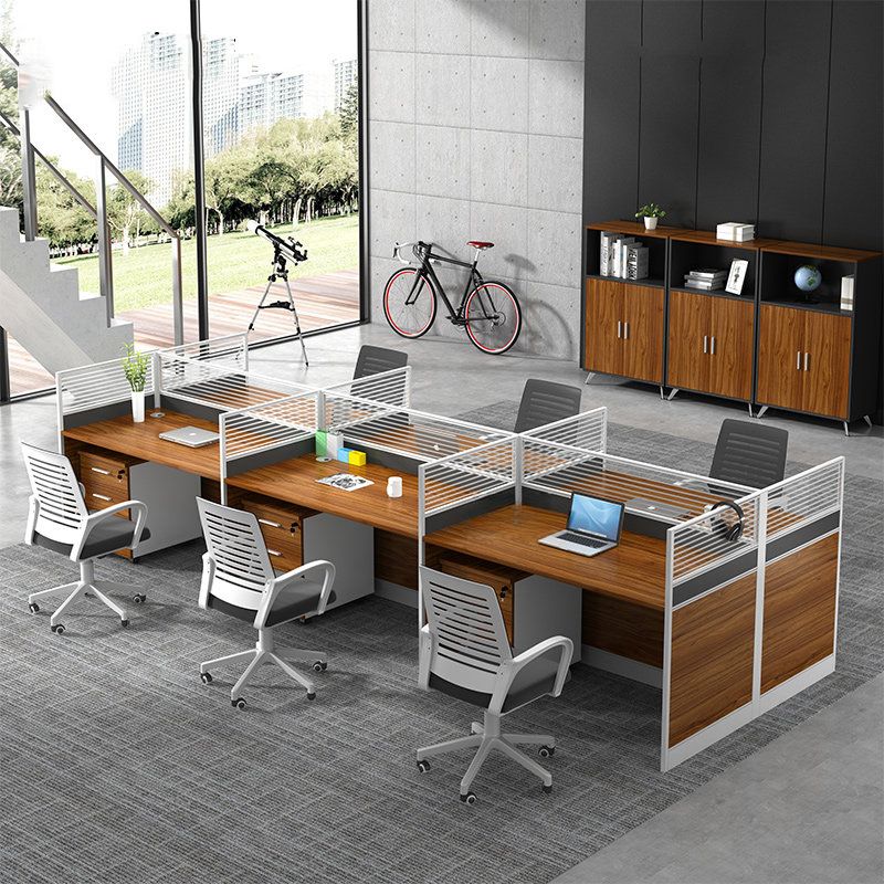 "6-Way Modular Office Workstation with adjustable desks and integrated storage solutions"