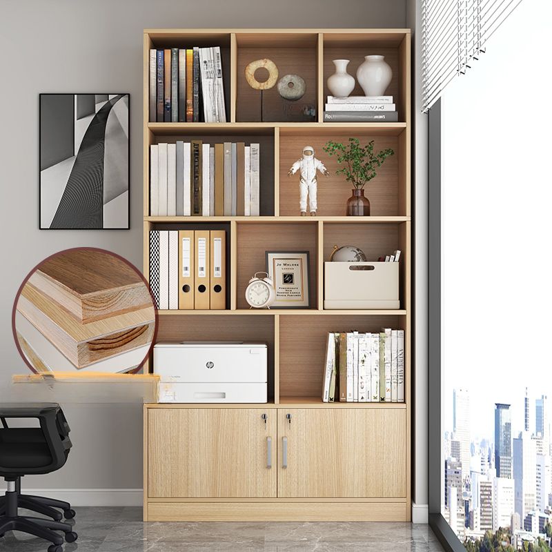 Vertical wood office bookcase with adjustable shelves and modern design.