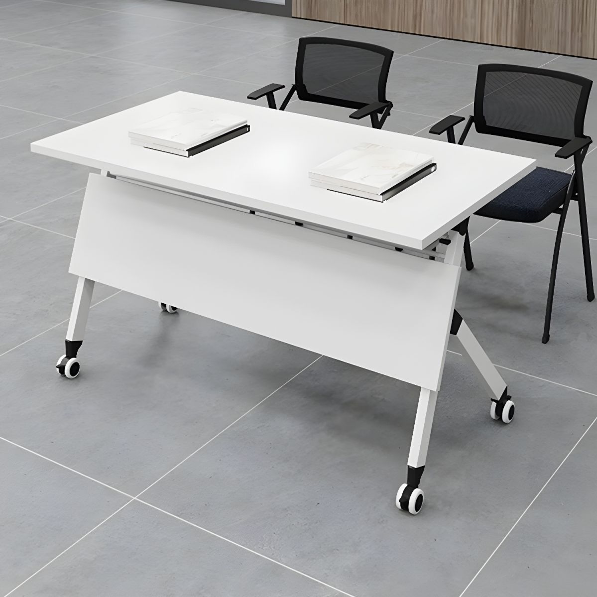 "Compact and foldable Space-Saving Training Office Table with lockable caster wheels, designed for modern workspaces and easy mobility."