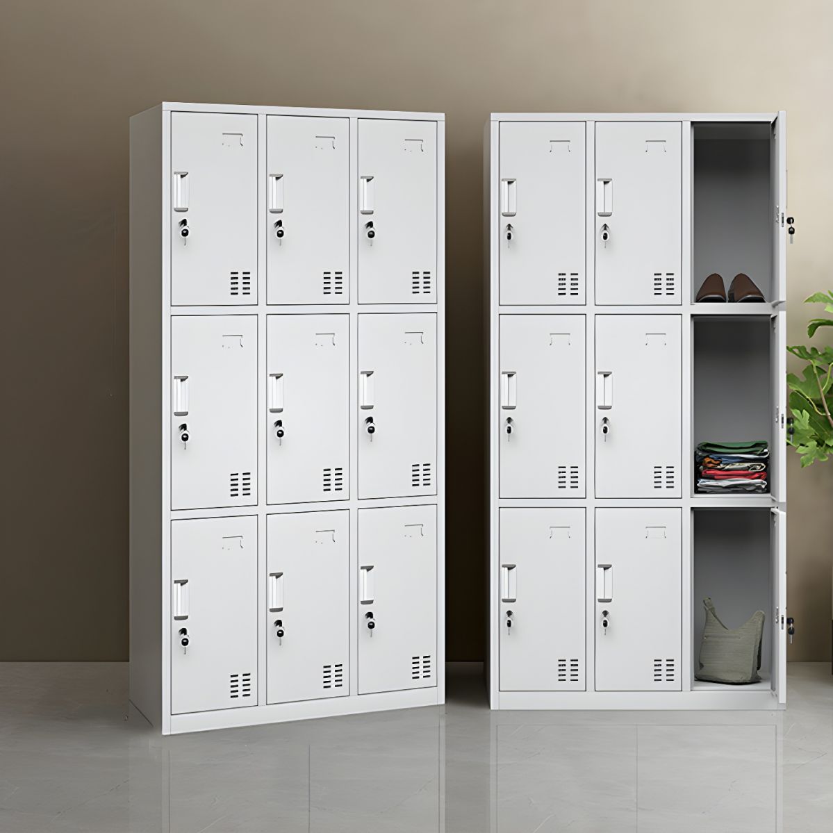 White gym/school locker storage with secure locks and spacious interior for personal belongings.