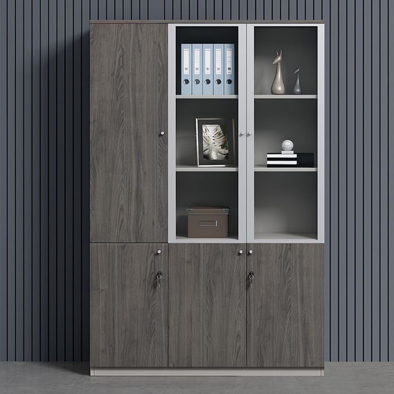 Modern grey storage office cabinet with multiple compartments and adjustable shelves for organized office storage.