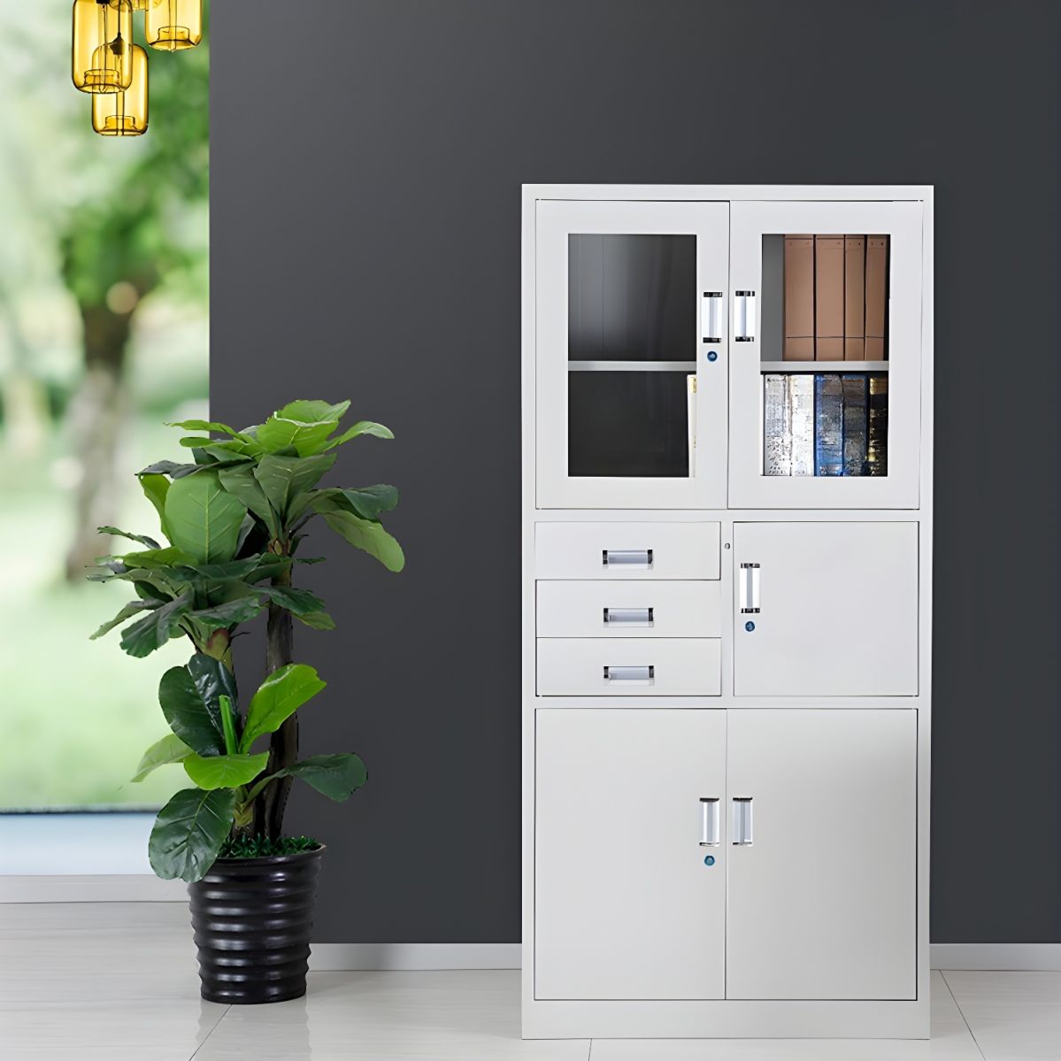 The White Durable Cabinet with Safe Locker provides a stylish and secure solution for storing valuables, documents, and office supplies, perfect for home and office environments.