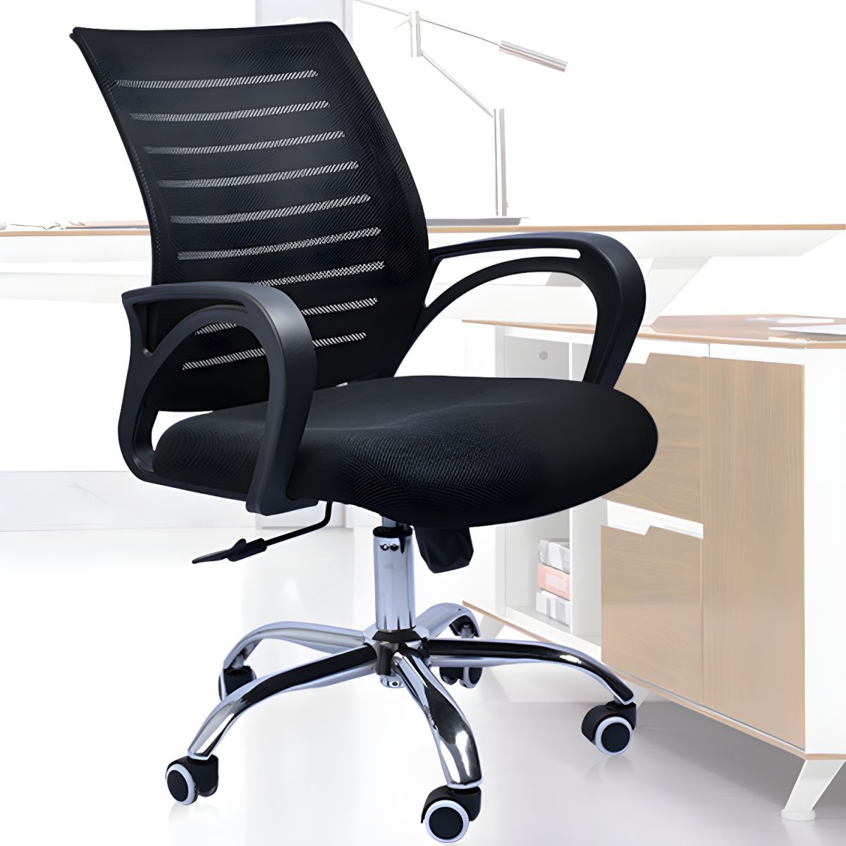 Ergonomic middle back office chair with adjustable armrests, height, and breathable mesh back for comfort and support.