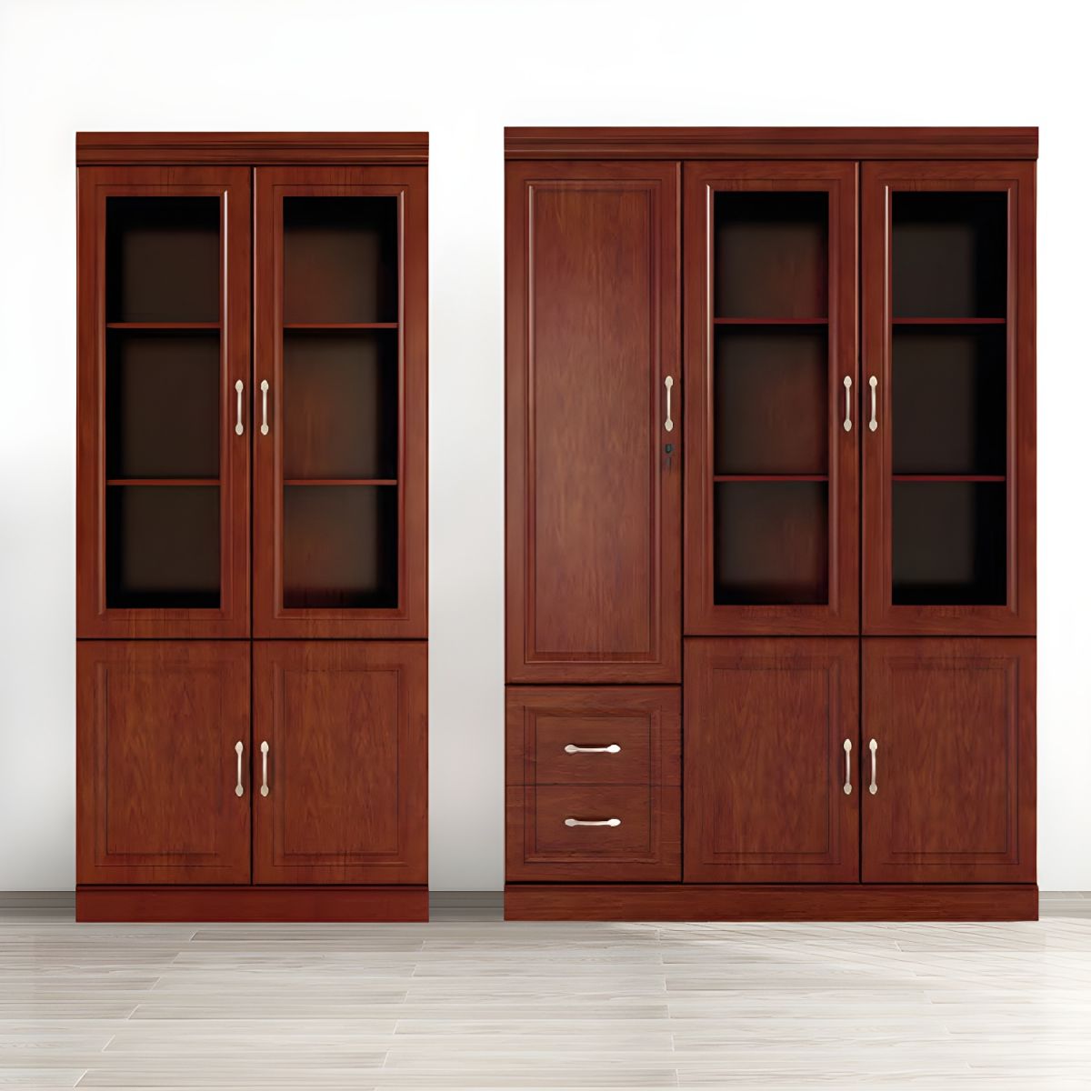 : Traditional red office cabinet made from high-quality wood, featuring intricate carvings and a bold red finish for stylish storage.