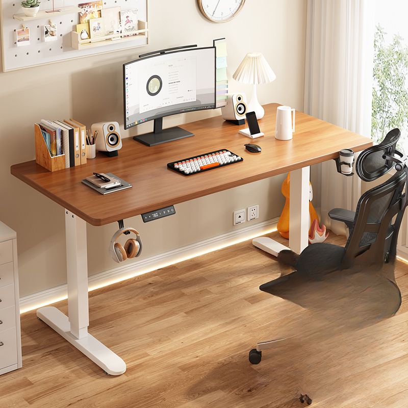 "Wooden-top electric adjustable desk with motorized height adjustment"