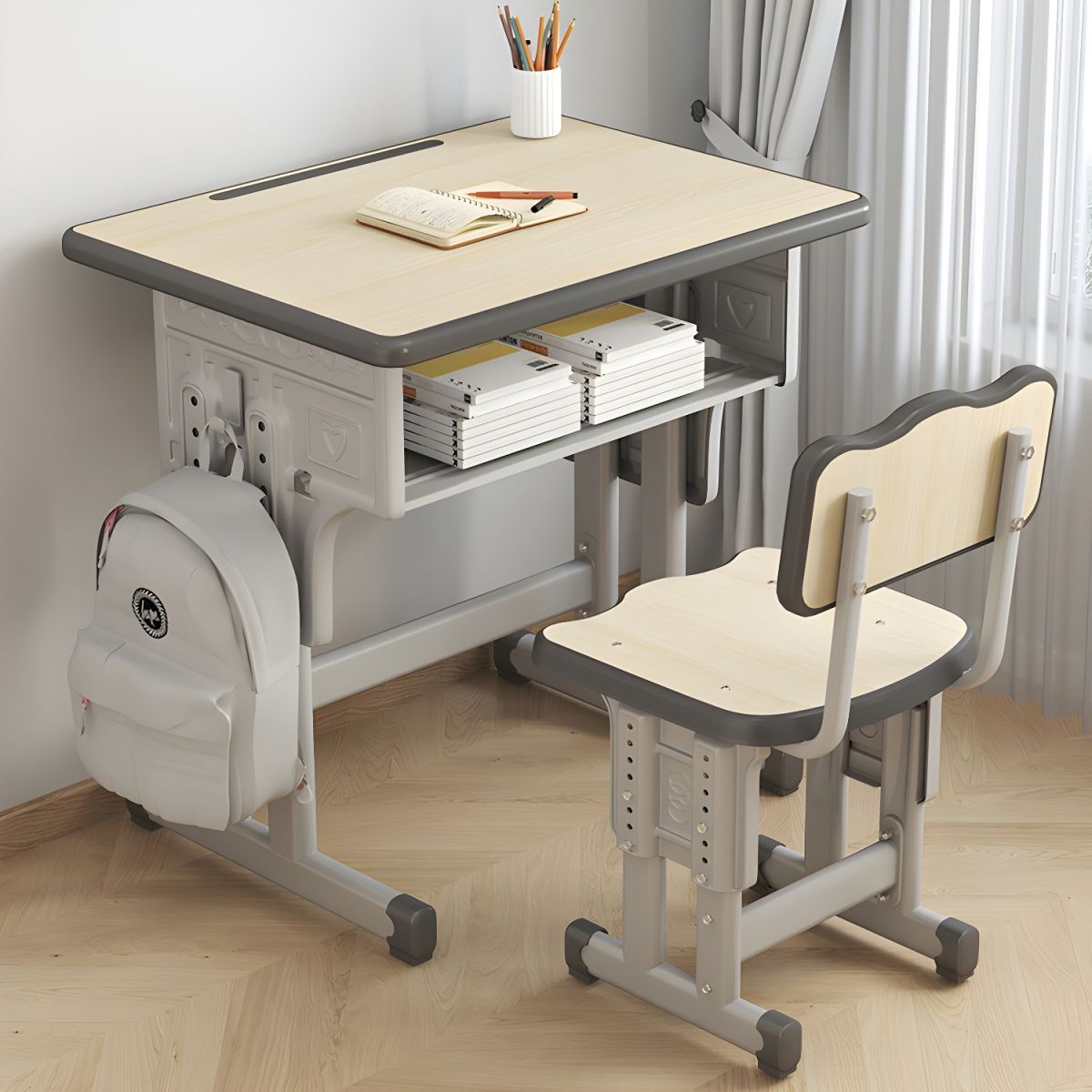 "Adjustable Height Student Desk with spacious desktop and ergonomic design."