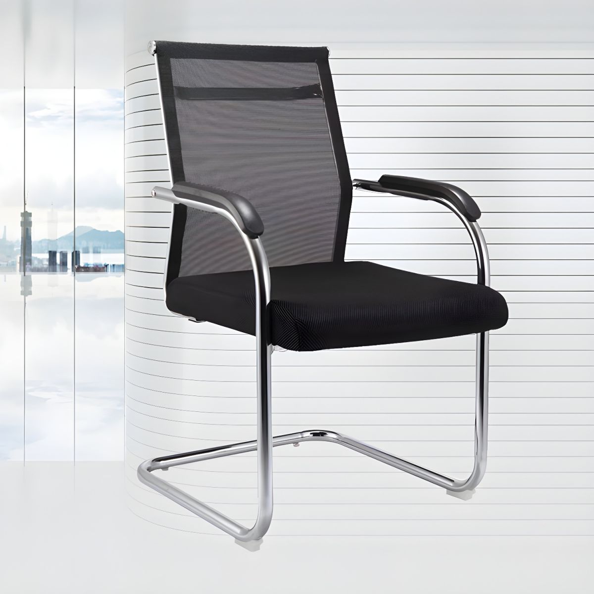 Ergonomic upholstered visitor's chair with padded seat and backrest in modern office setting.