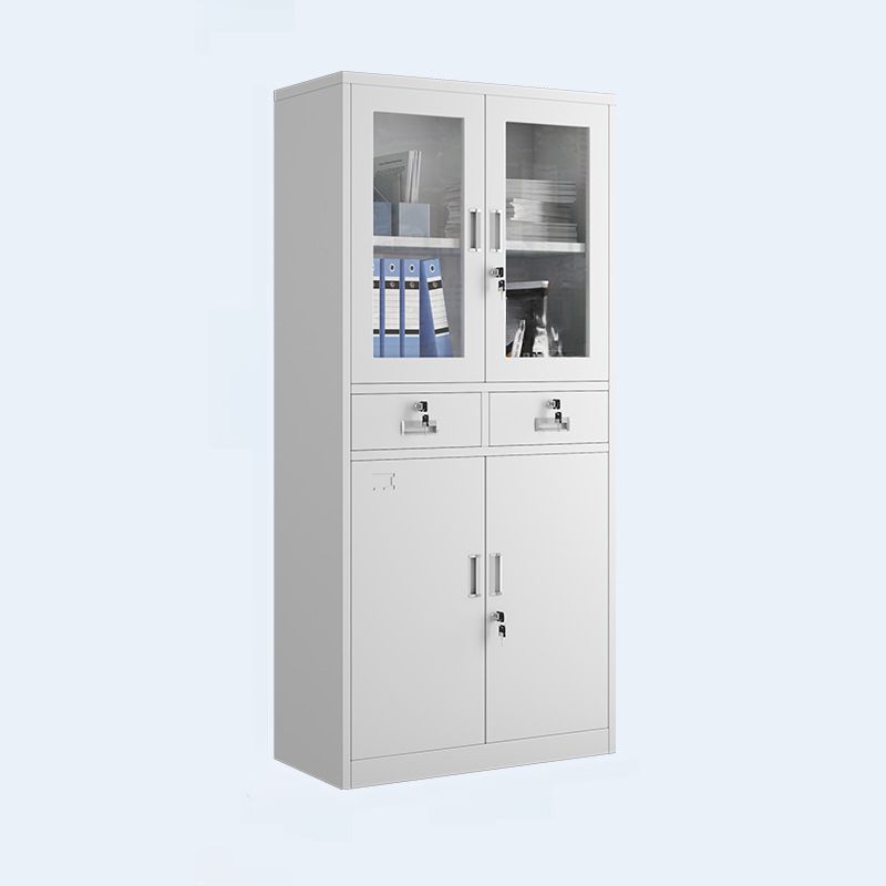 "White sleek vertical office cabinet with adjustable shelves and a minimalist design, perfect for organized workspaces."