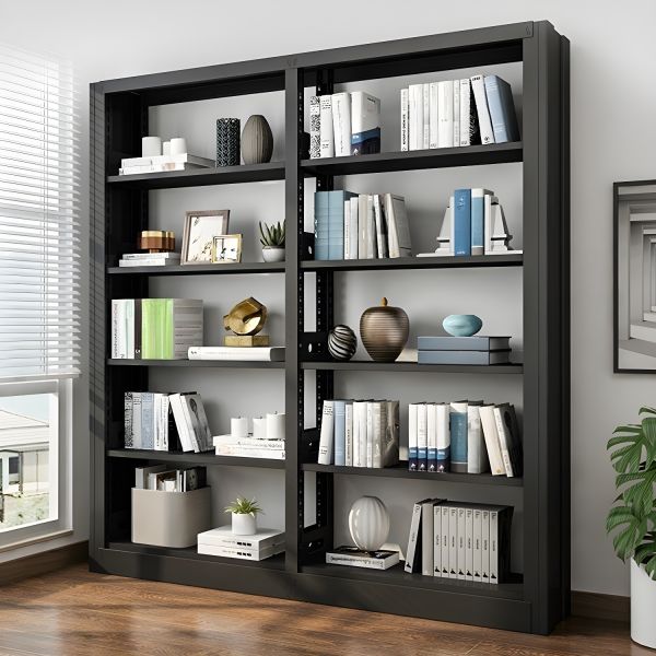 Open Back Metal Frame Bookshelf with sleek design and multiple shelves for storage and display.