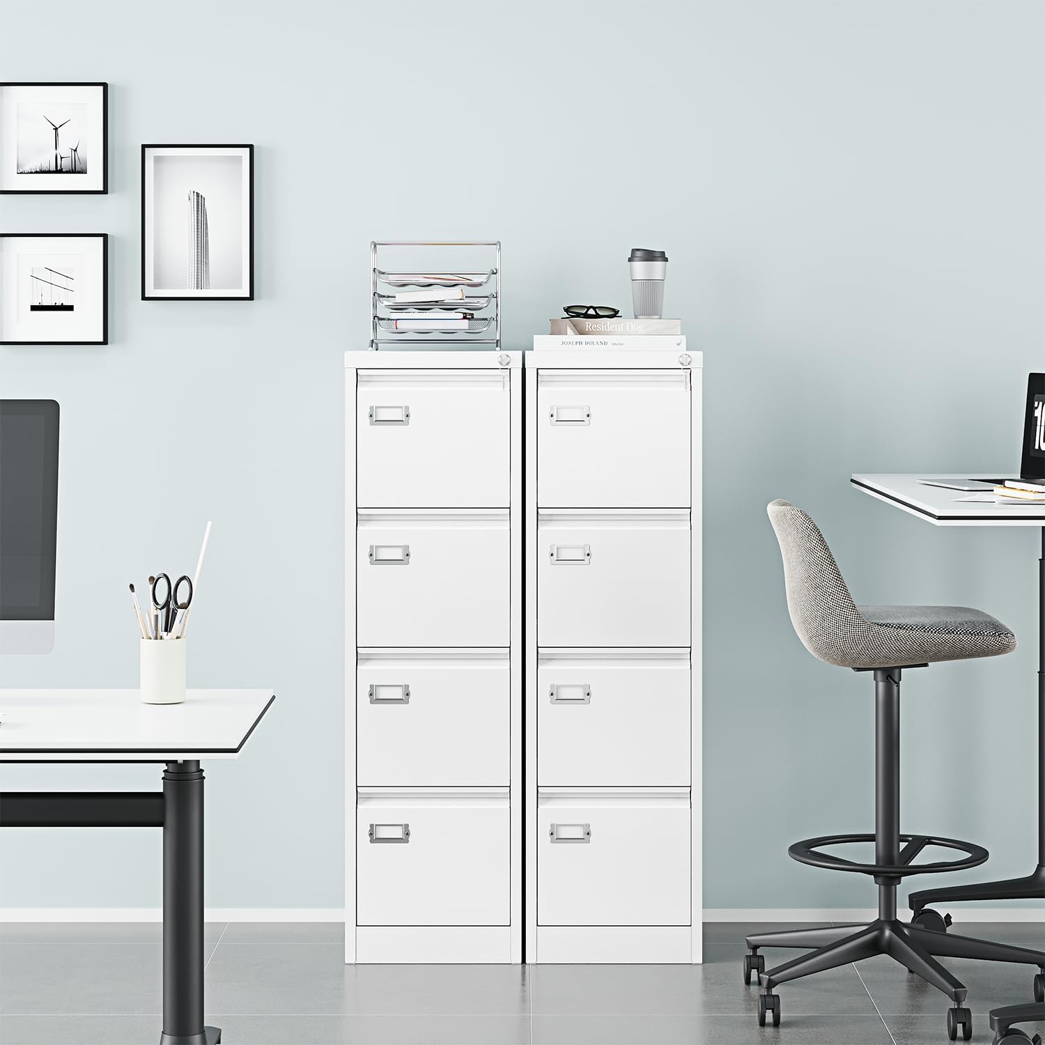 Lateral office filing cabinet with smooth-glide drawers and lockable storage.