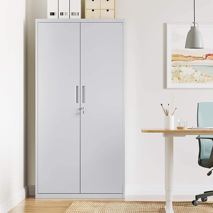 "2-Door Metallic Storage Cabinet with adjustable shelves, secure locking mechanism, and a sleek, modern design for office and home use."