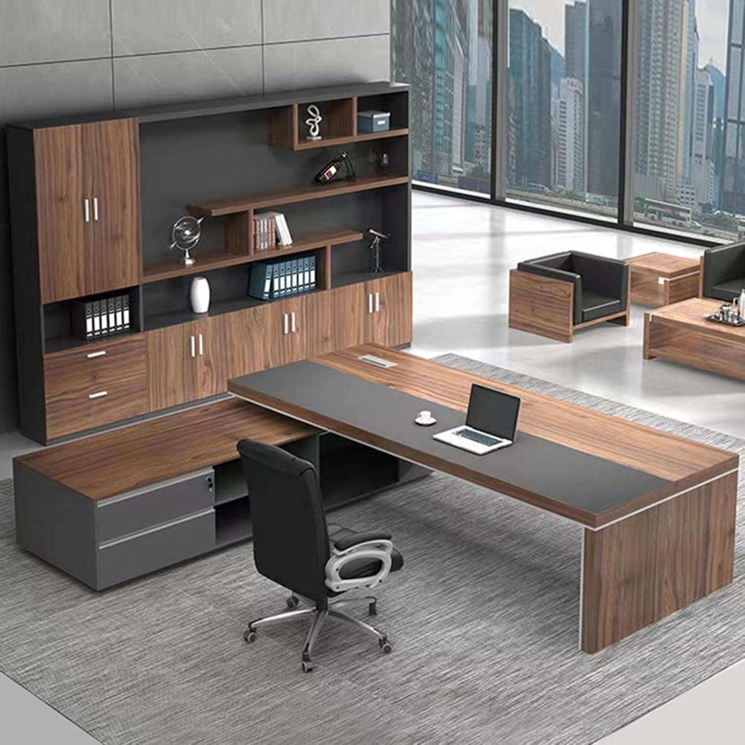 "L-Shaped Executive Office Desk with spacious work surface, sleek design, and functional storage for a professional workspace."