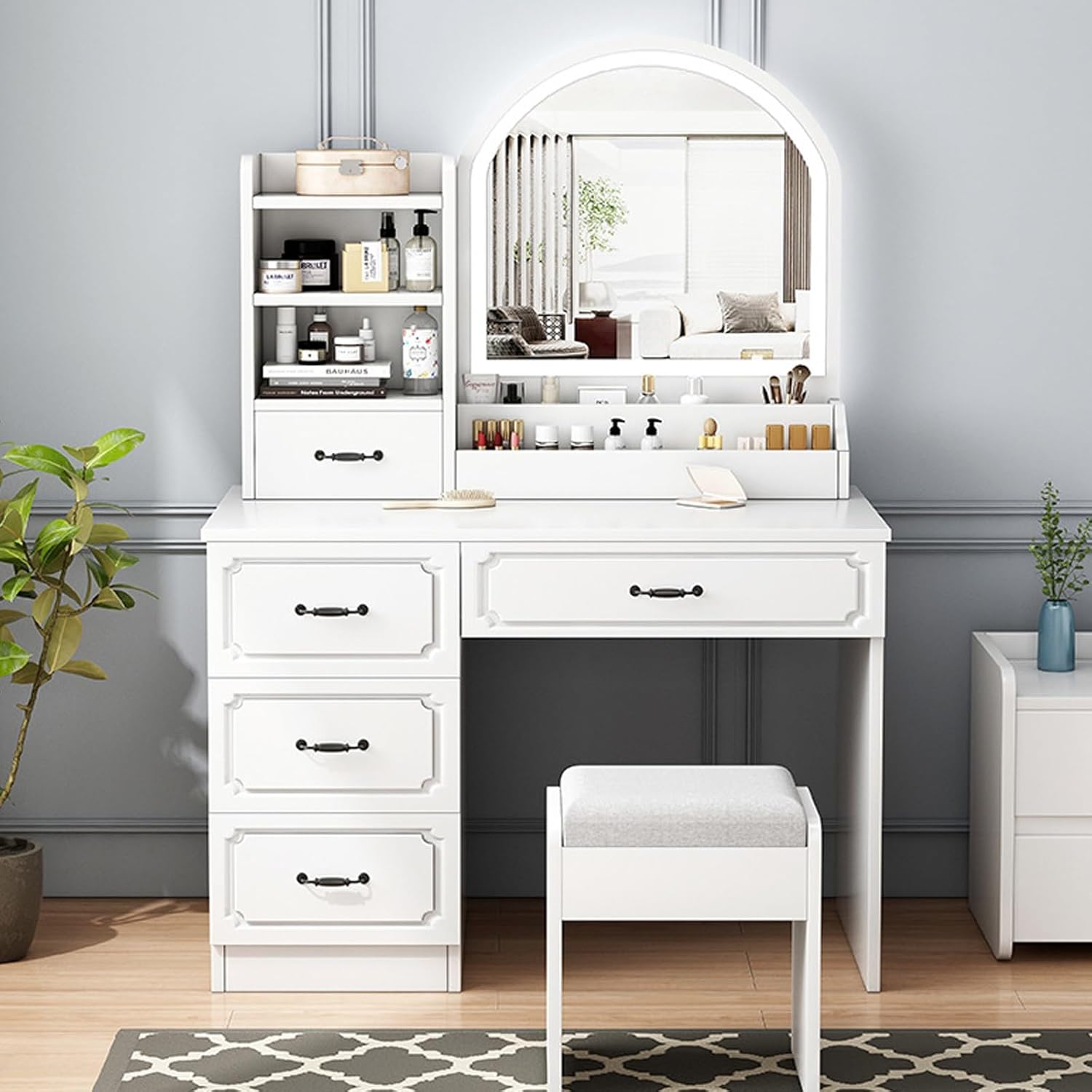 : Generic dressing table with mirror featuring spacious drawers and a sleek design for bedroom organization.