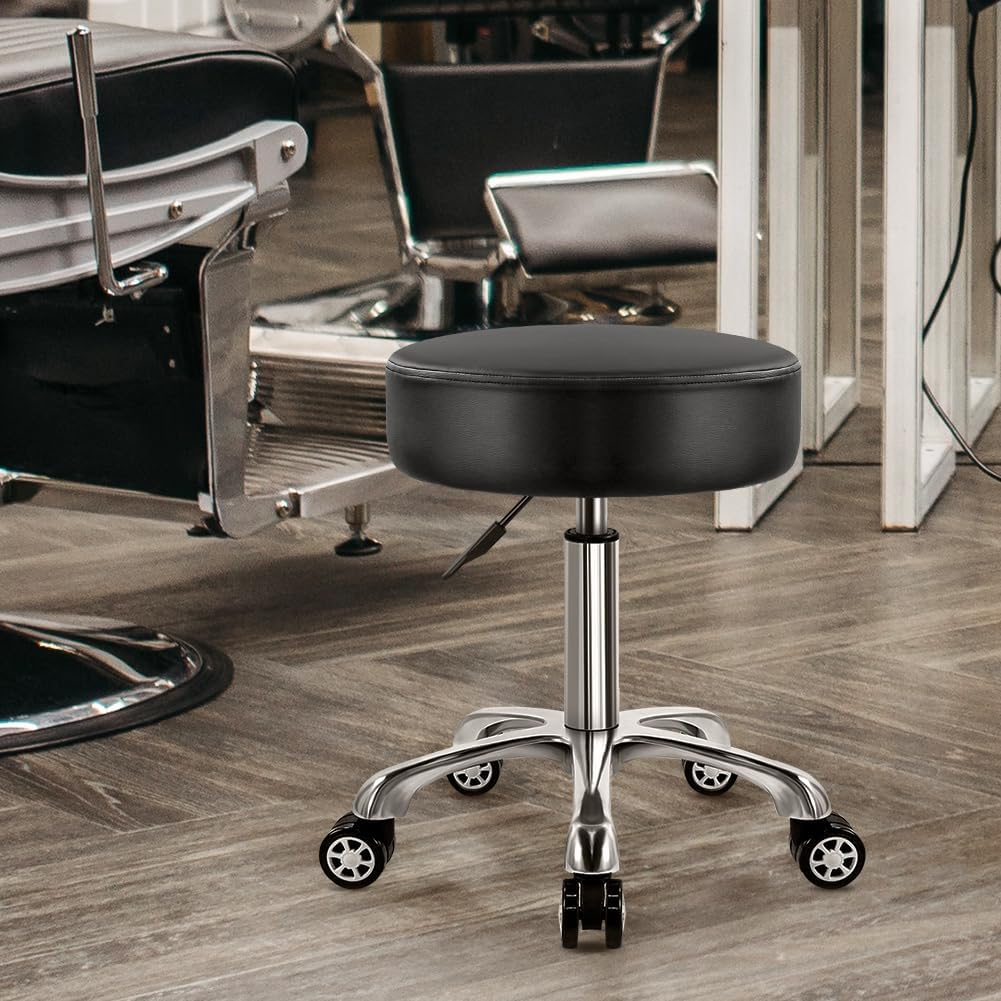 Heavy-duty barstool with wheels and adjustable height for ergonomic seating and mobility.