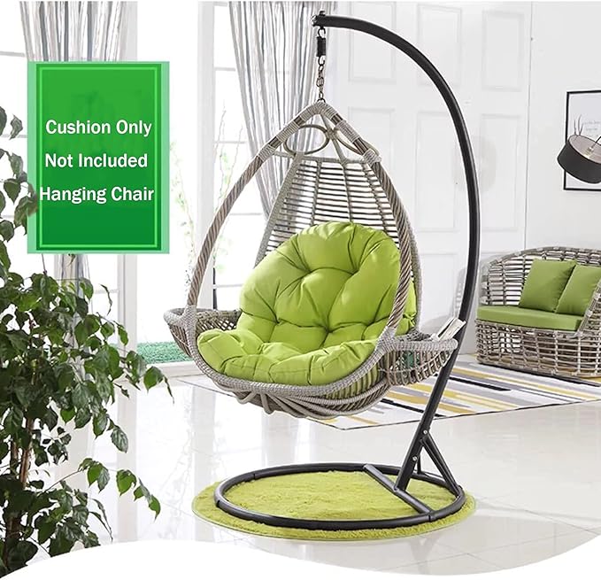 Outdoor swing home chair with cushions in a garden setting.