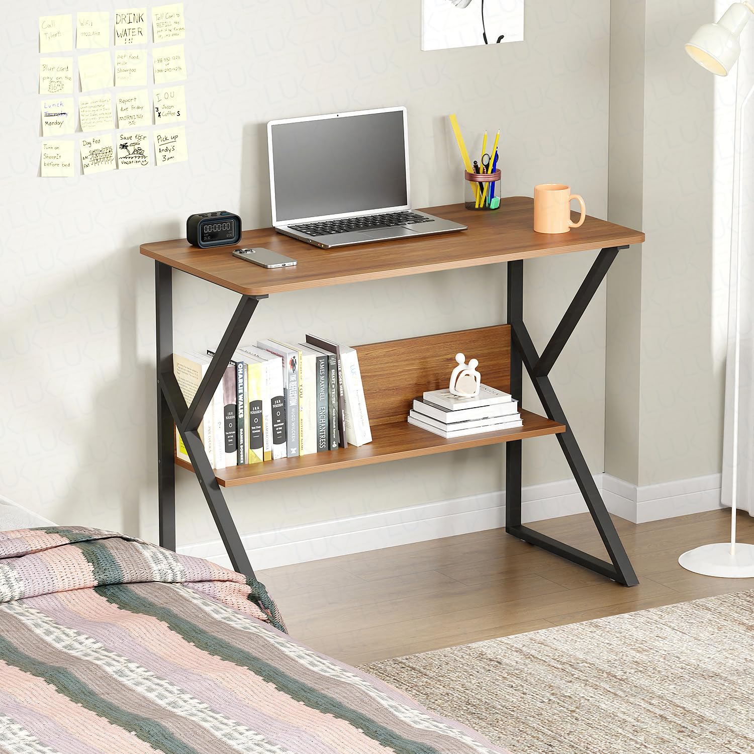 Wooden Computer Study Office Desk with spacious work surface, drawers, and shelves for organized storage.