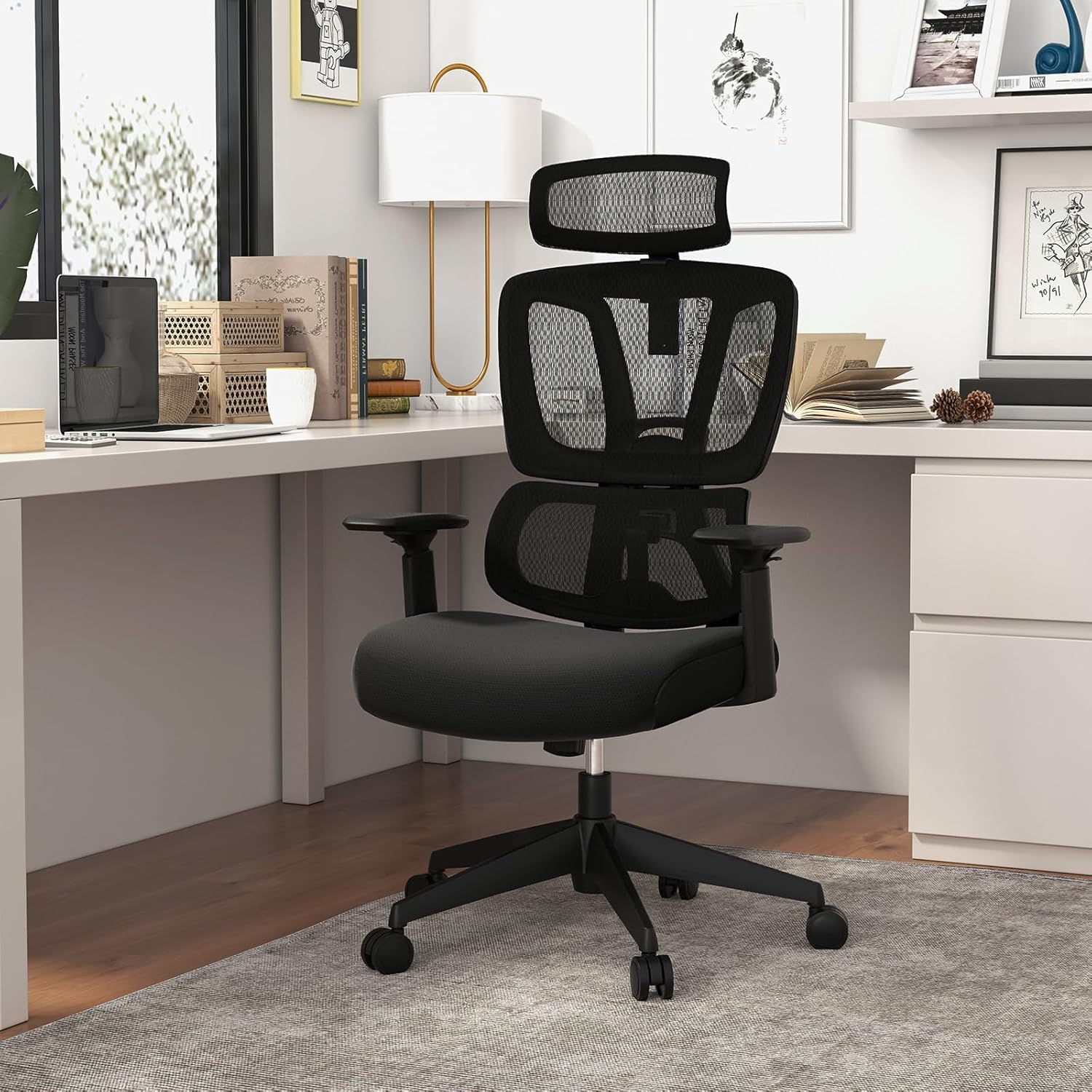 "High-back orthopedic office chair with adjustable armrests and lumbar support.