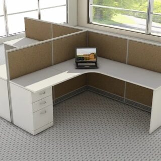 "2-Way Curved Modular Workstation with ergonomic design, customizable layout, and spacious work surface for collaborative office spaces."