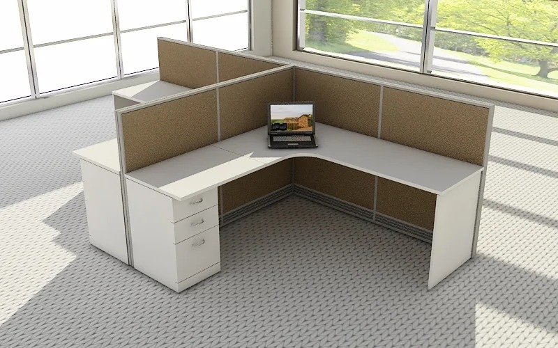 "2-Way Curved Modular Workstation with ergonomic design, customizable layout, and spacious work surface for collaborative office spaces."