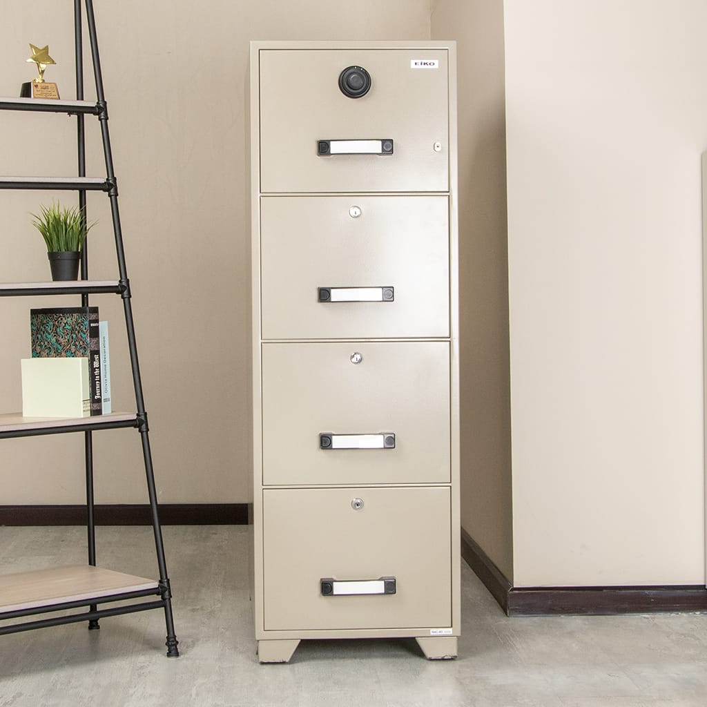 4-Drawer Security Safe and Locker with fire-resistant features and individual locking drawers for secure storage.